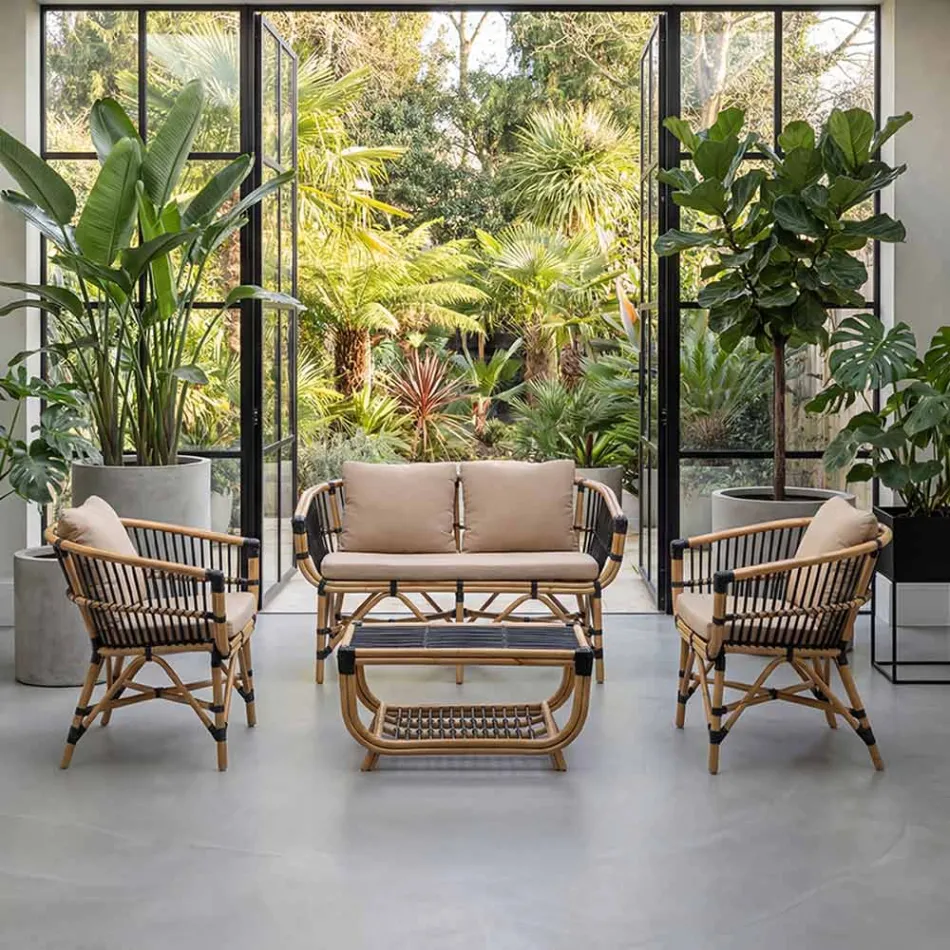 Garten-Lounge-Set aus natürlichem Rattan mit Kissen inklusive - Catelyn Viadurini