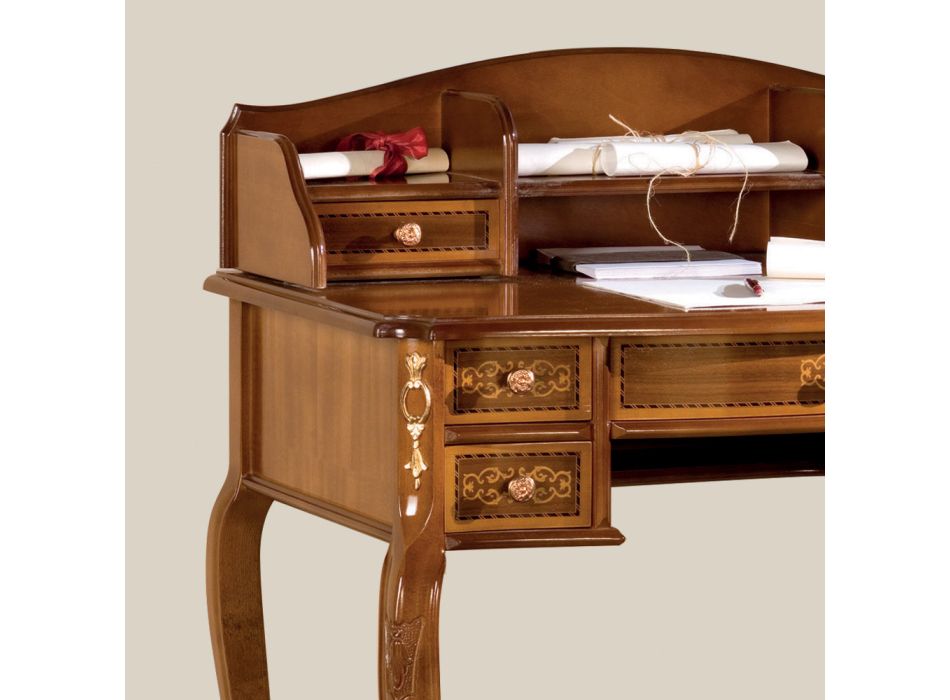 Schreibtisch 7 Schubladen Walnussholz mit Intarsien Made in Italy - Katerine Viadurini