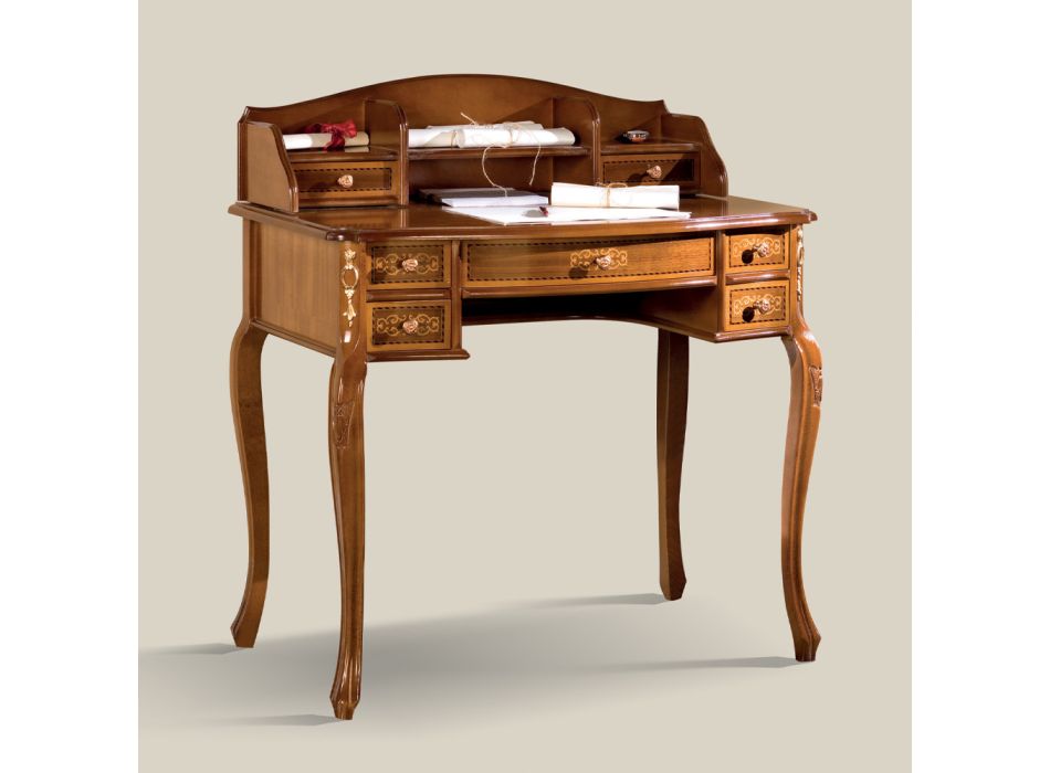 Schreibtisch 7 Schubladen Walnussholz mit Intarsien Made in Italy - Katerine Viadurini