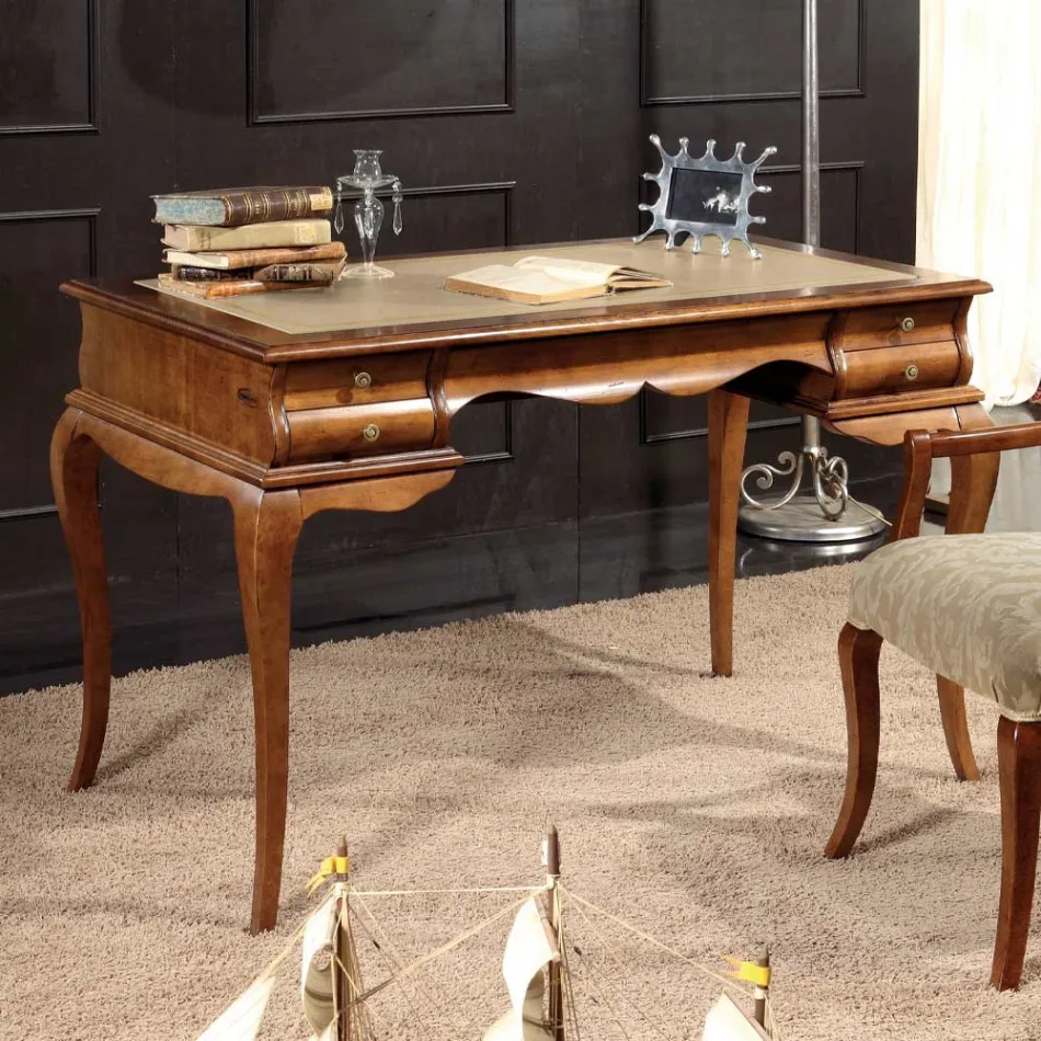Schreibtisch mit 5 Schubladen Walnussholz und Kunstleder Made in Italy - Hastings Viadurini