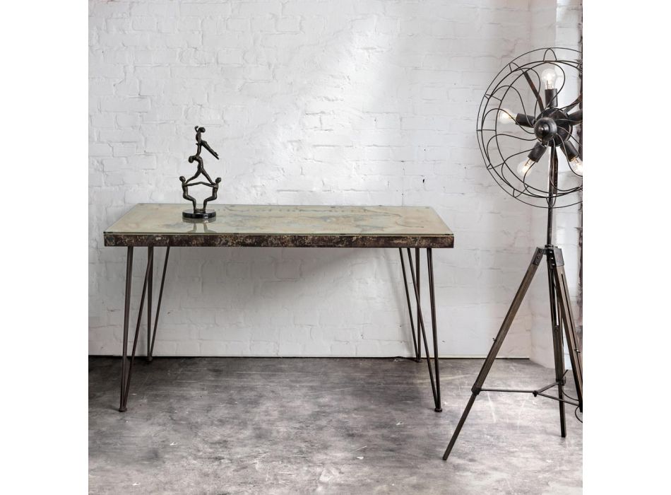 Schreibtisch aus Stahl und Mdf mit industriellem Vintage-verziertem Glas - Mundial Viadurini
