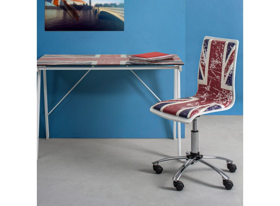 Drehbarer Bürostuhl aus Stahl und Kunstleder mit Flaggenprint - Lollo Viadurini
