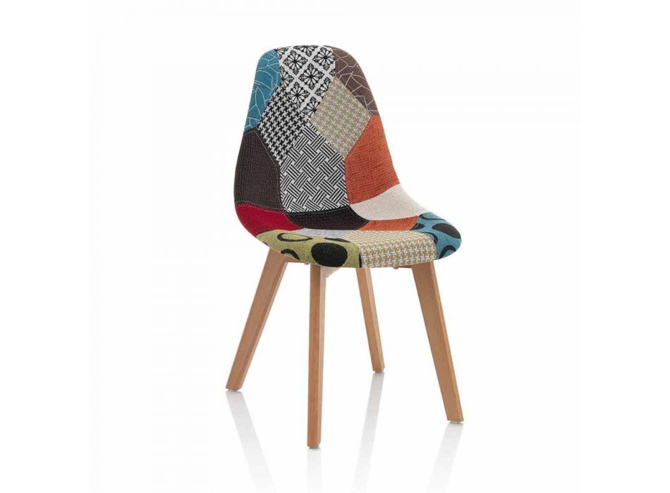 Moderner Stuhl aus Patchworkgewebe mit Holzbeinen, 4 Stück - Selena Viadurini