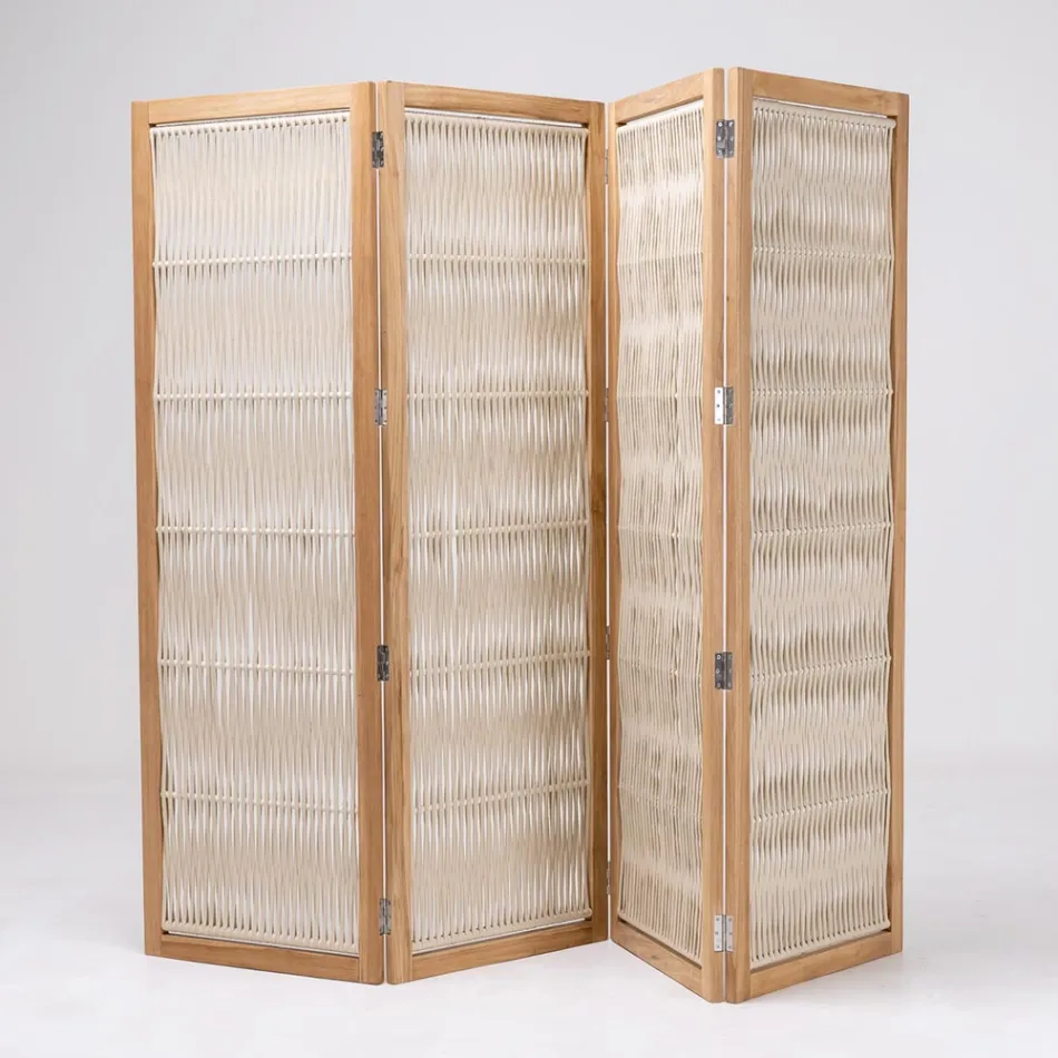 Trennwand für den Außenbereich aus Teakholz, Aluminium und Seilgeflecht - Vision Viadurini