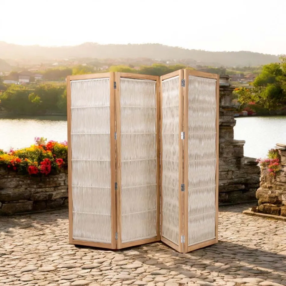 Trennwand für den Außenbereich aus Teakholz, Aluminium und Seilgeflecht - Vision Viadurini