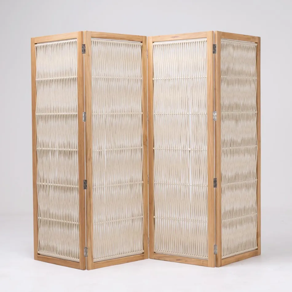 Trennwand für den Außenbereich aus Teakholz, Aluminium und Seilgeflecht - Vision Viadurini