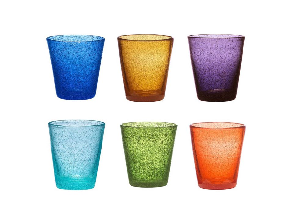 Set mit 12 farbigen geblasenen Glasgläsern mit modernem Design - Pumba Viadurini