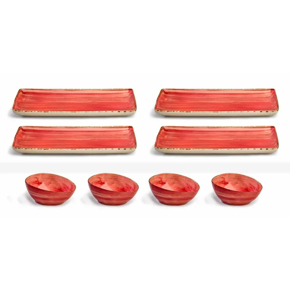 Set mit 8 modernen rechteckigen Designplatten und farbiger Steinzeugschale - Simba Viadurini