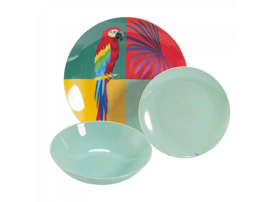 18 Stück farbiges Design Porzellan und Gres Geschirr Service - Tropycale