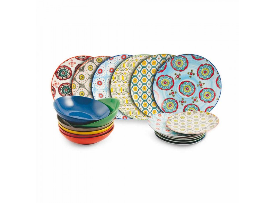 Satz moderne ethnische farbige Teller in Porzellan und Steinzeug 18 Stück - Istanbul Viadurini