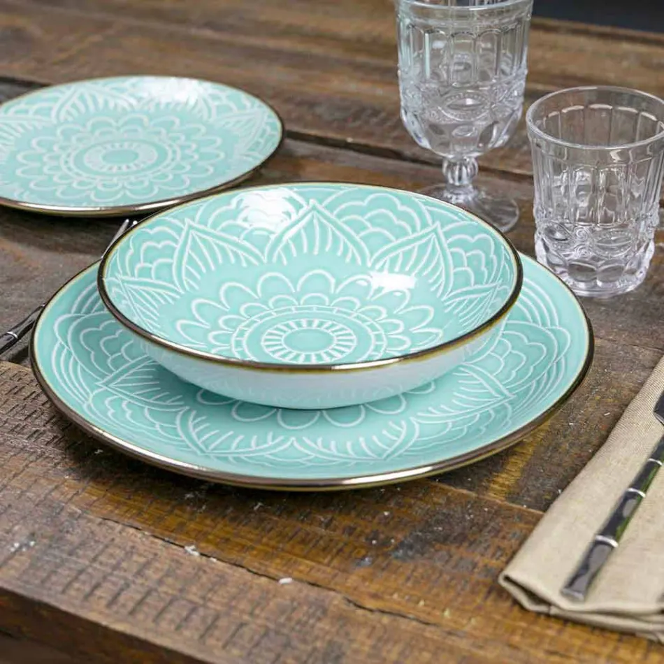 Geschirrservice in Hartdolomitgrau, Hellblau oder Blau 18 Stück - Arabisch Viadurini