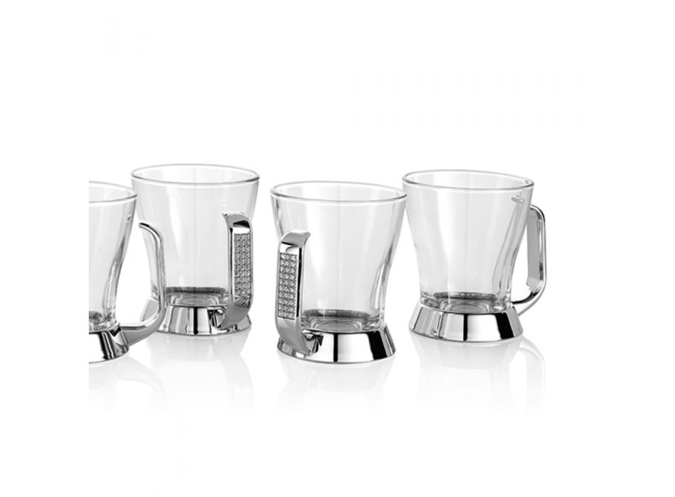 Teetassen-Set aus Glas und silbernem Metall mit Glitzer 6-teilig - Sbrillo Viadurini