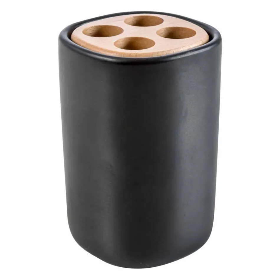 Carsoli moderner Badezimmerzubehörsatz aus Keramik und Holz Viadurini