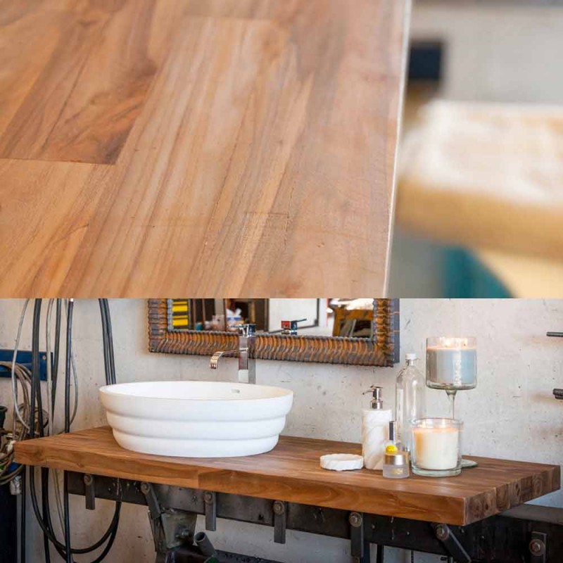 Set moderne verschobene Badezimmermöbel im Teakholz Poggio