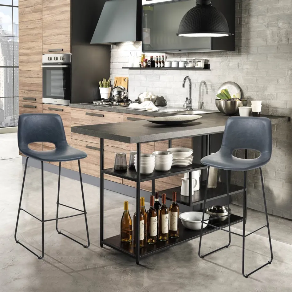 Hoher Küchenhocker aus Kunstleder und schwarzem Metall 2-teilig - Yuri Viadurini