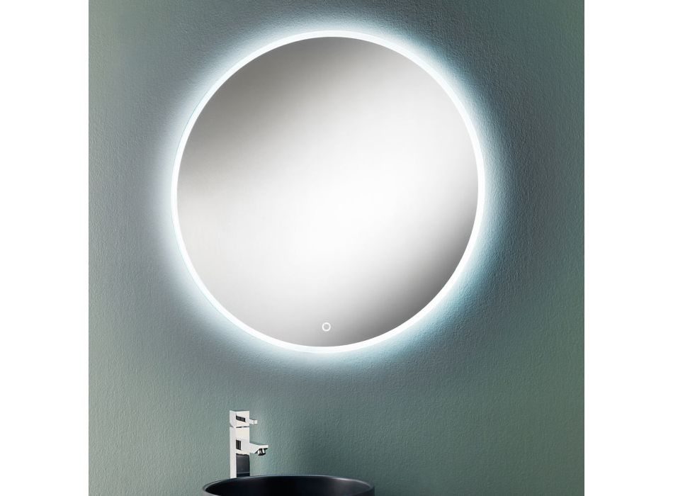 Runder Wandspiegel mit sandgestrahltem Rand und LED-Hintergrundbeleuchtung – Knopf Viadurini