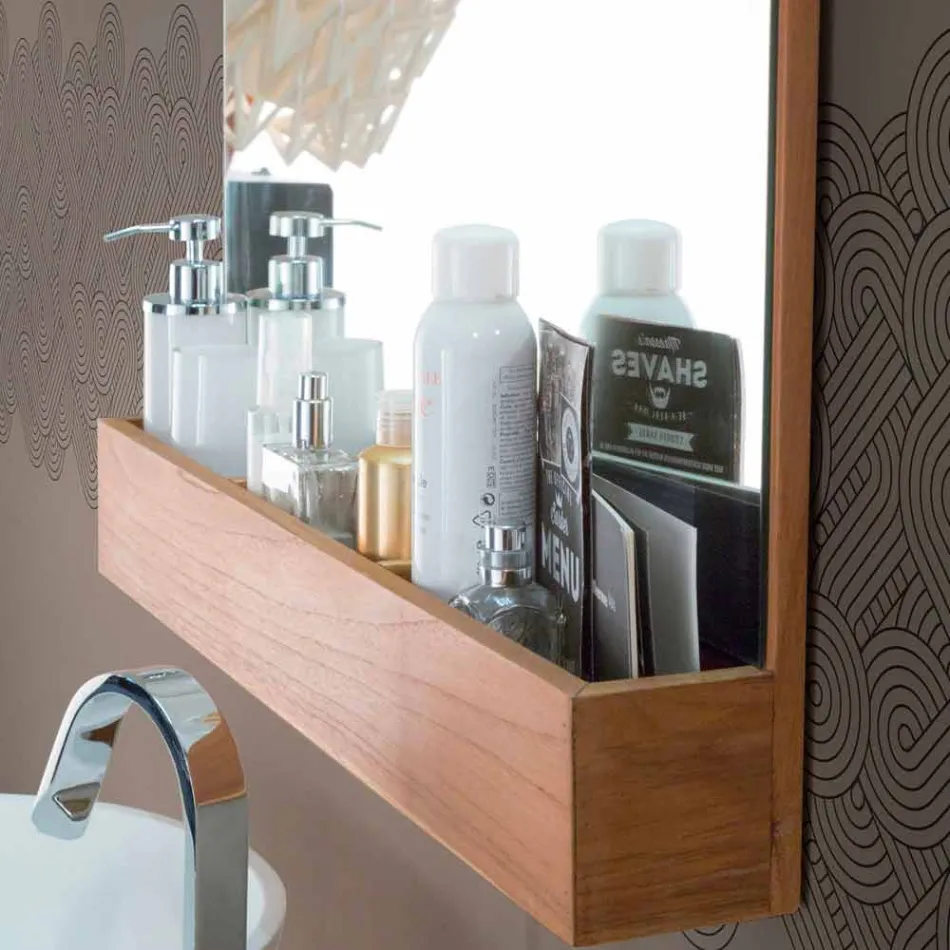 Wandspiegel mit Struktur und Ablagefach aus Teakholz - Palima Viadurini