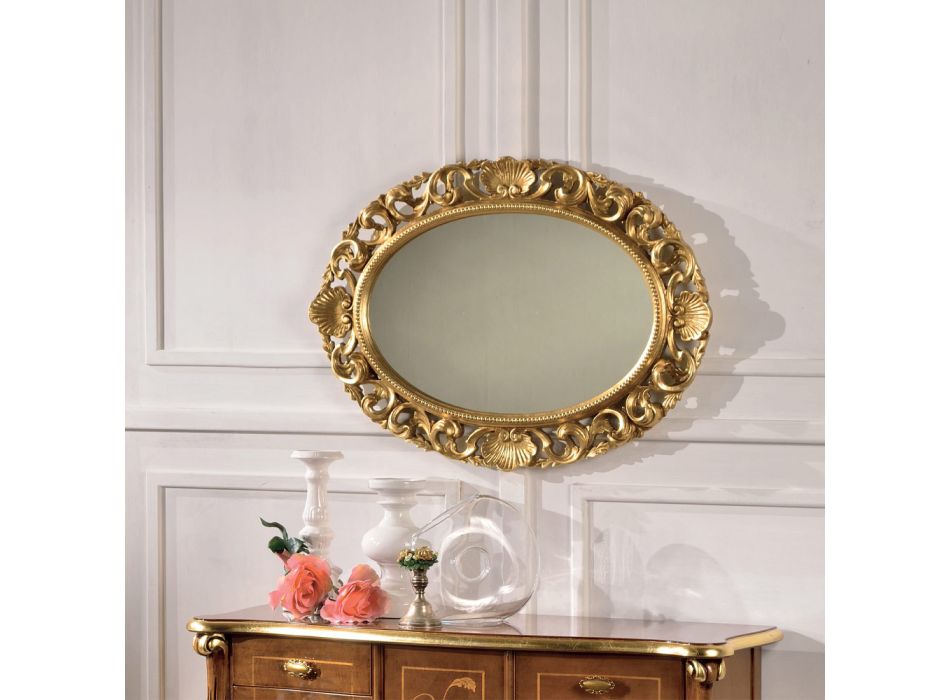 Ovaler Spiegel mit perforiertem Holzrahmen aus Blattgold Made in Italy - Florence Viadurini