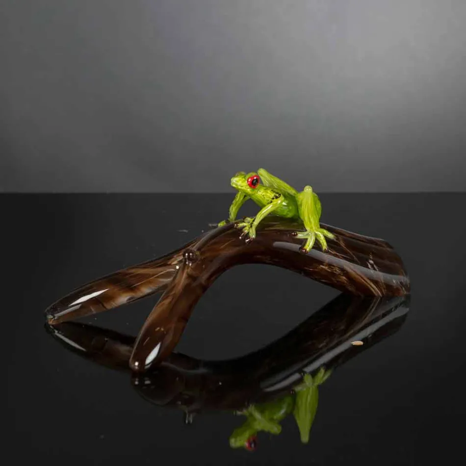 Figur in Form eines Frosches auf einem Ast aus farbigem Glas Made in Italy - Froggy Viadurini