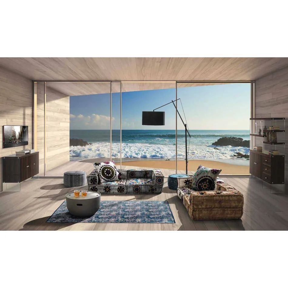 Rechteckiger blauer Kelim-Baumwollteppich mit farbigem Patchwork - Faser Viadurini