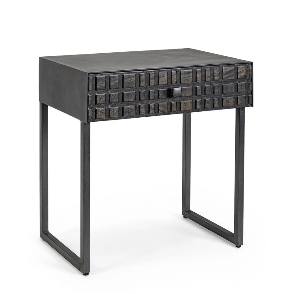 Nachttisch aus Stahl und Mangoholz im ethnischen Design - Mireo Viadurini