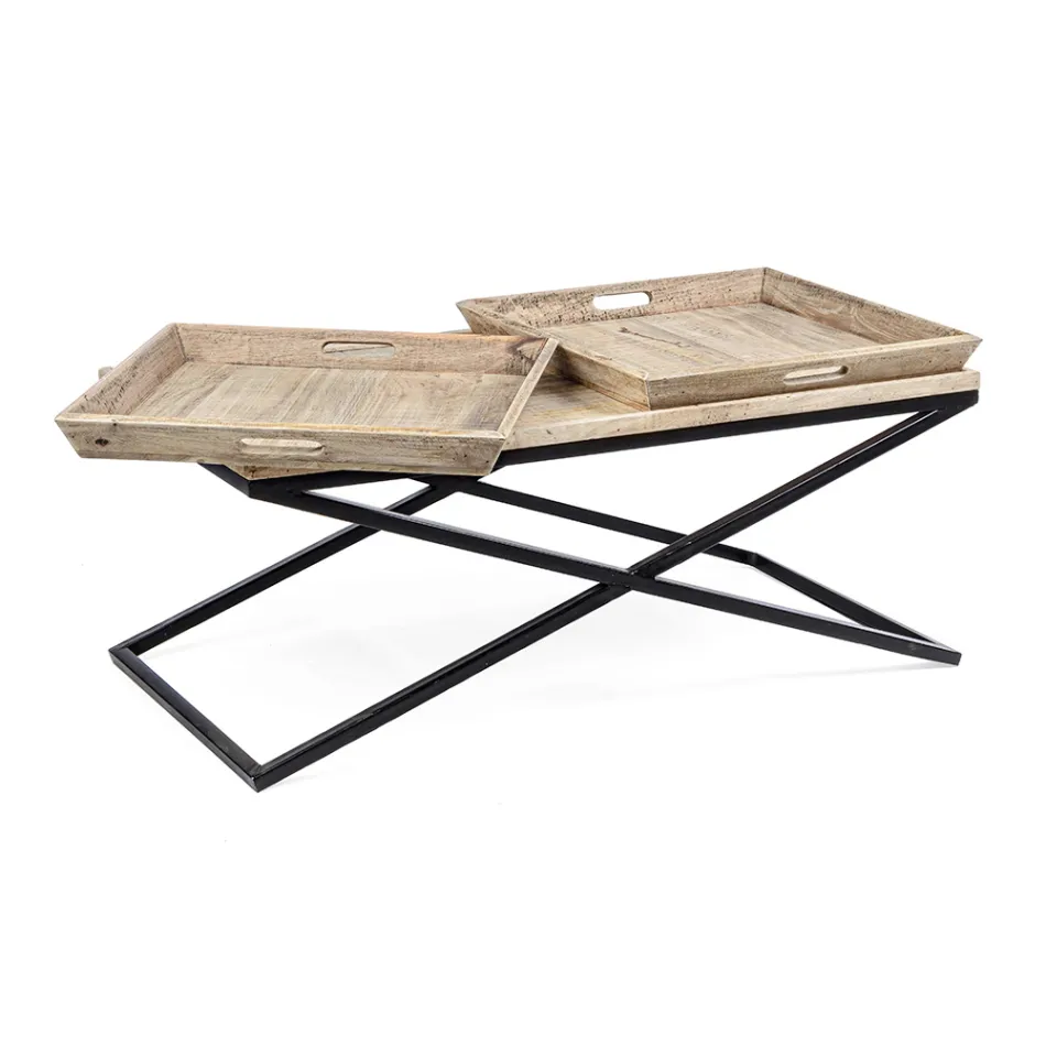 Couchtisch aus Stahl mit Tablett im Mangoholz-Design - Cesira Viadurini