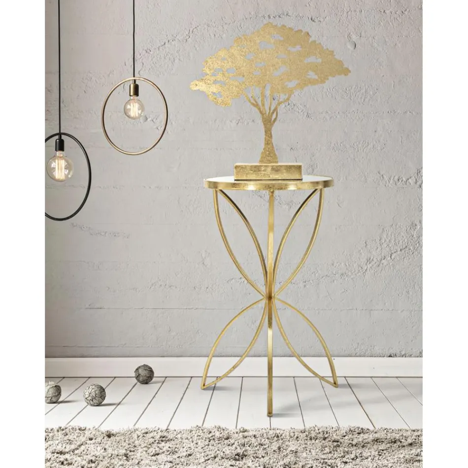 Couchtisch aus vergoldetem Eisen mit runder Spiegelplatte - Umari Viadurini