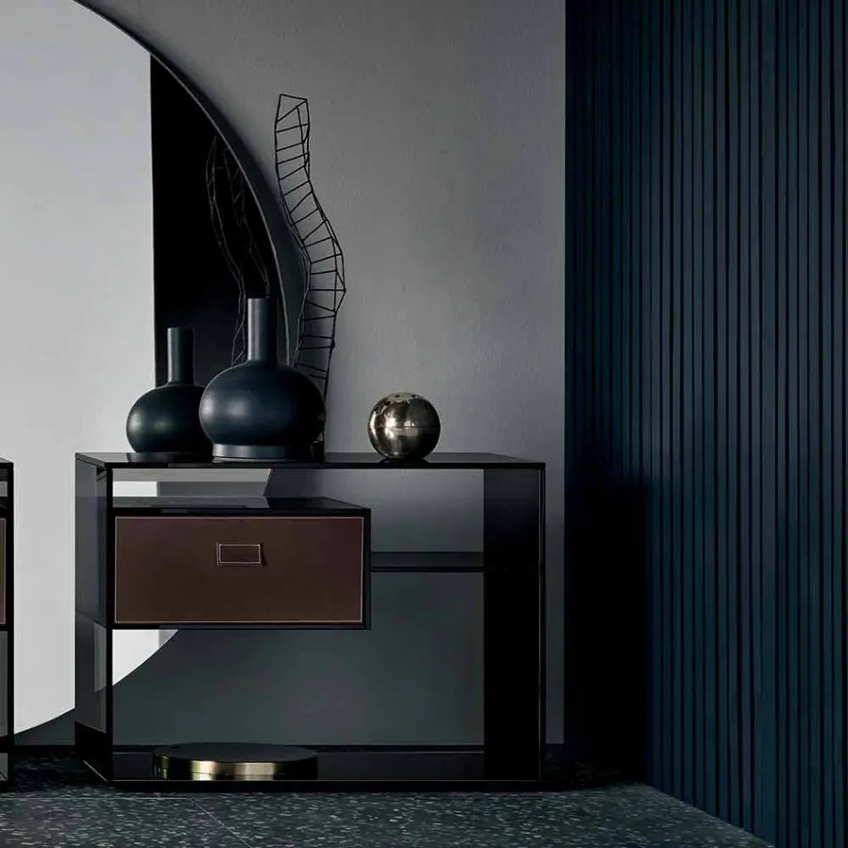 Sofa-Beistelltisch oder Nachttisch aus Rauchglas mit Lederschublade - Linzy Viadurini