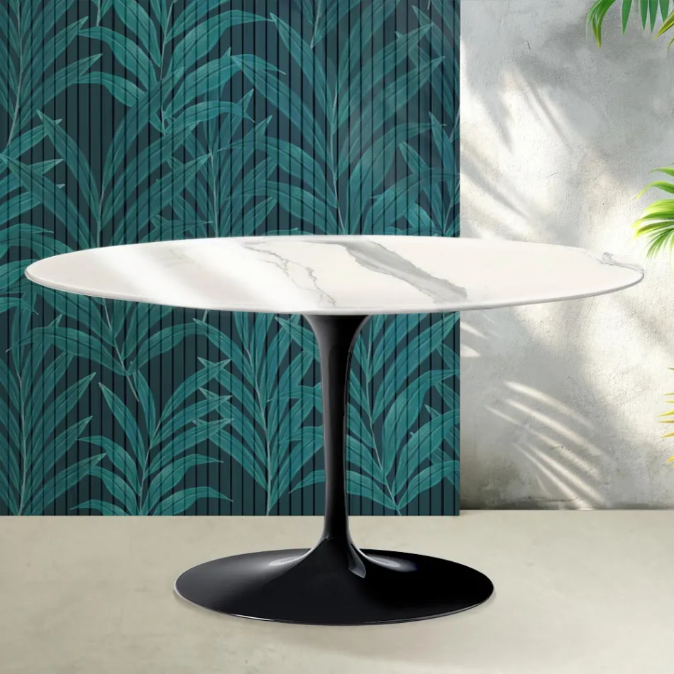 Saarinen Tulip Ovaler Couchtisch H 41 cm in glänzender Statuario Florim Keramik - Scharlachrot Viadurini