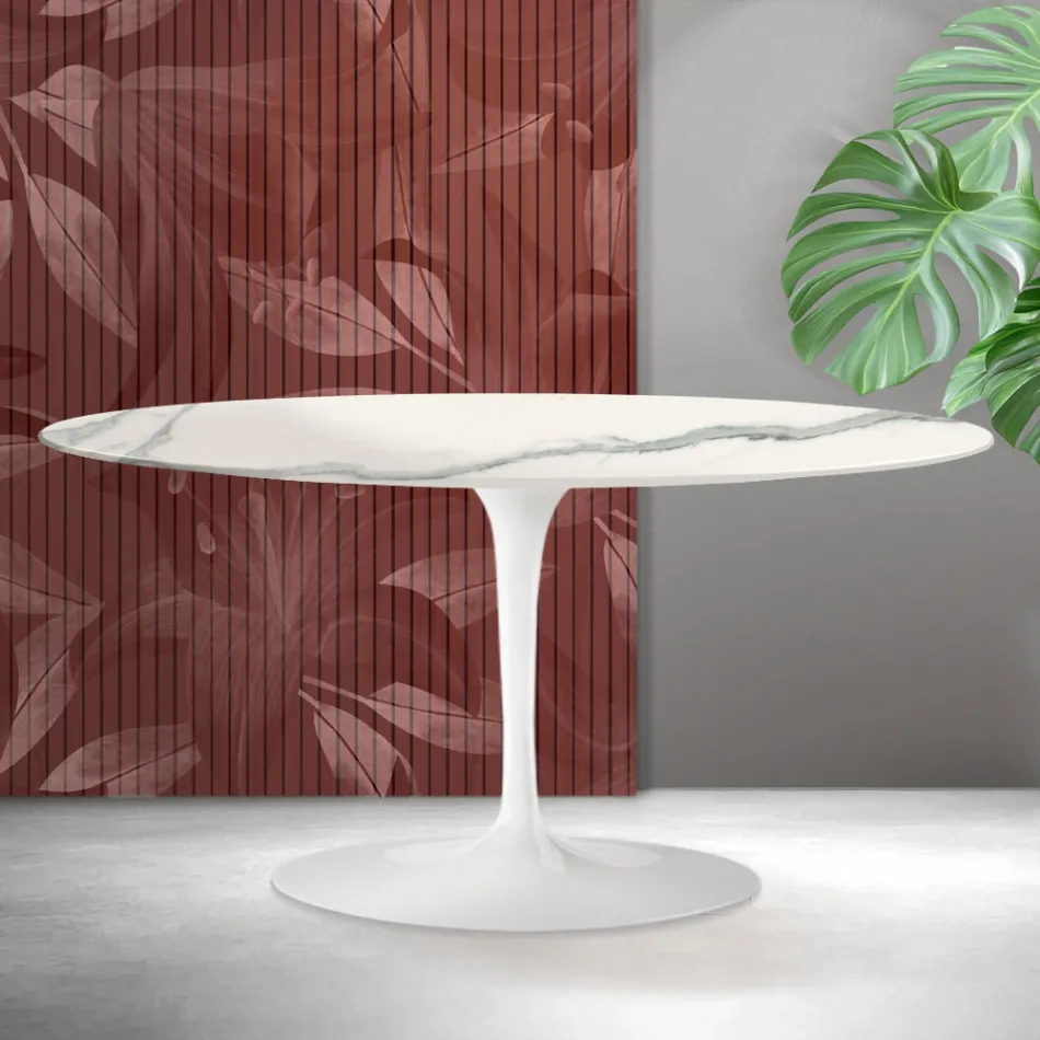 Saarinen Tulip Ovaler Couchtisch H 41 cm in Florim Statuario Mattkeramik - Scharlachrot Viadurini