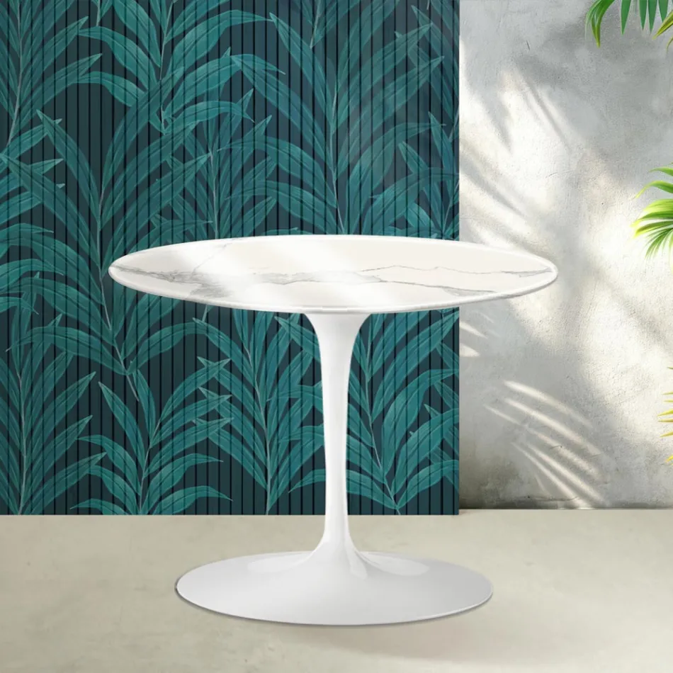 Saarinen Tulip runder Couchtisch H 41 cm in glänzender Statuario Florim Keramik - Scharlachrot Viadurini