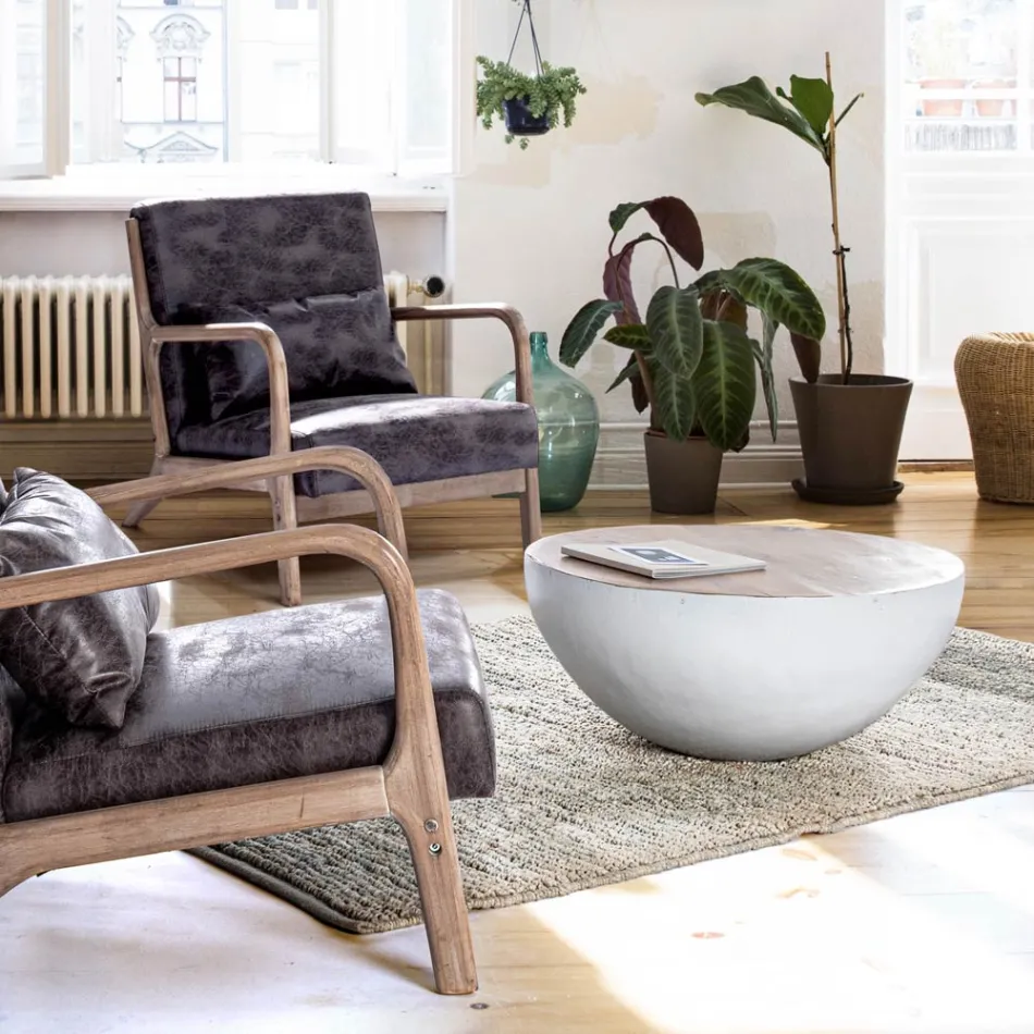 Runder Couchtisch aus recyceltem Holz und Stahl weiß oder grau - Genoveffa Viadurini