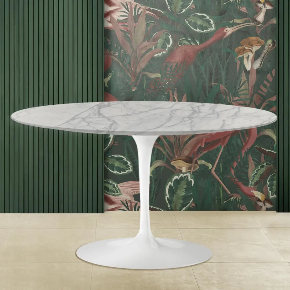 Tulip Couchtisch Eero Saarinen H 41 mit ovaler Platte aus Carrara Statuarietto Marmor Viadurini