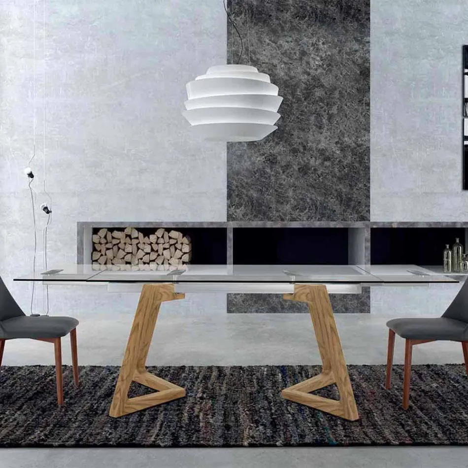 Ausziehbarer Tisch bis 280 cm aus Glas und furniertem Holz – Eugrafo Viadurini