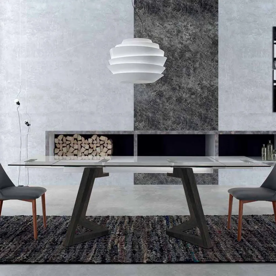 Ausziehbarer Tisch bis 280 cm aus Glas und furniertem Holz – Eugrafo Viadurini