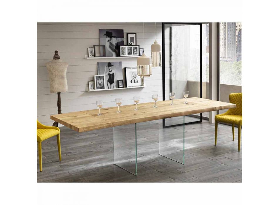 Ausziehbarer Tisch aus Eichenfurnier mit Nico Glasbeinen Viadurini