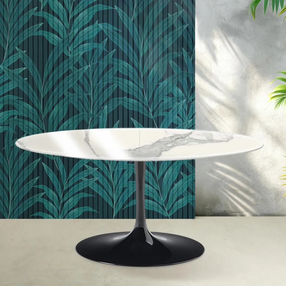 Saarinen Tulip Ausziehtisch H 74 cm in glänzender Statuario Florim Keramik - Scharlachrot Viadurini