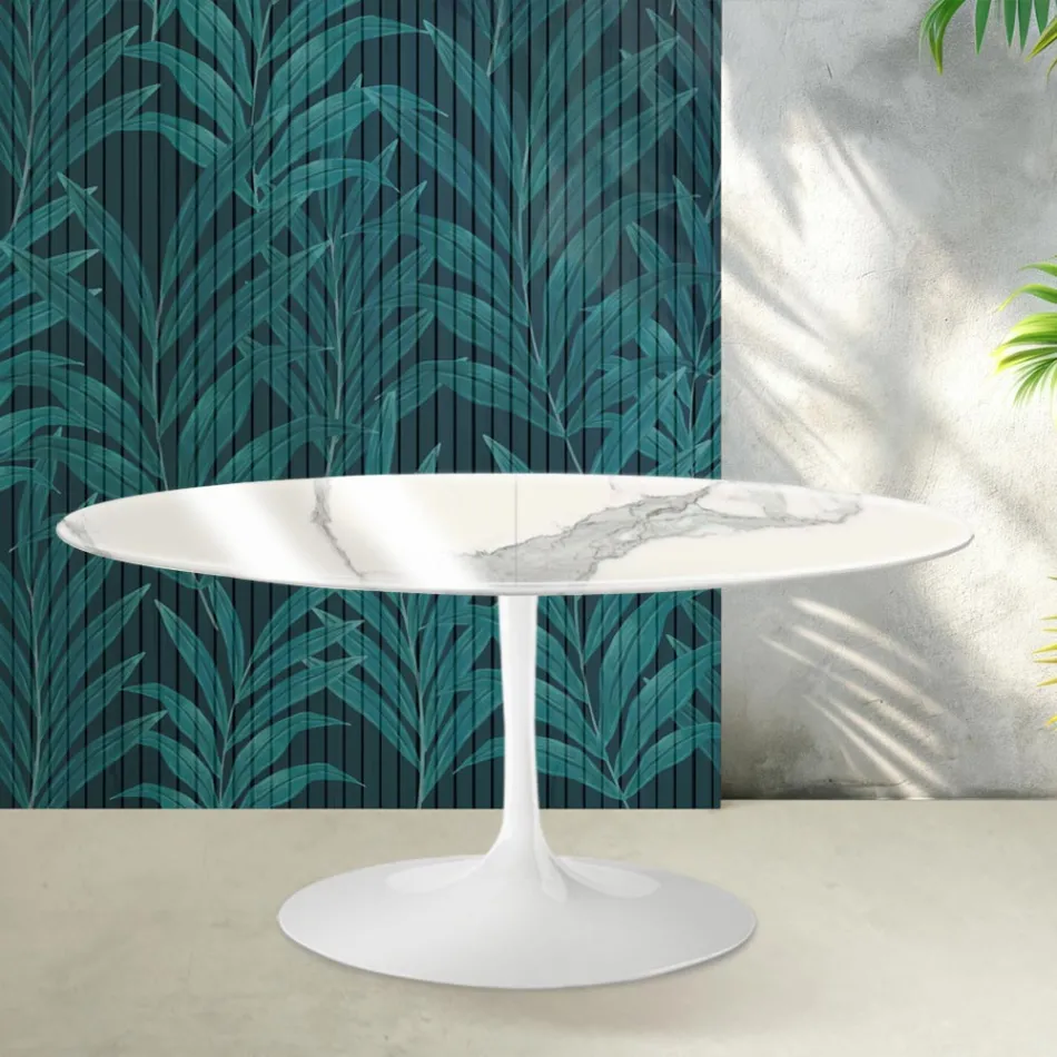 Saarinen Tulip Ausziehtisch H 74 cm in glänzender Statuario Florim Keramik - Scharlachrot Viadurini
