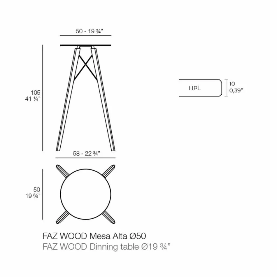 Runder Design-Stehtisch aus Holz und HPL, 4 Stück - Faz Wood von Vondom Viadurini