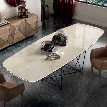Tisch mit fassförmiger Keramikplatte und Stahlgestell, hergestellt in Italien – Ezzellino Viadurini