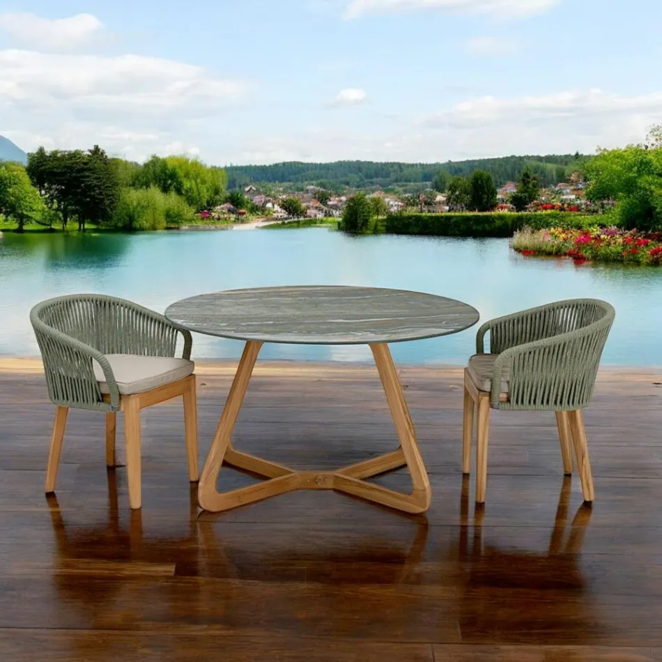 Tisch mit Keramikplatte und Teakholzgestell, hergestellt in Italien – Helm Viadurini