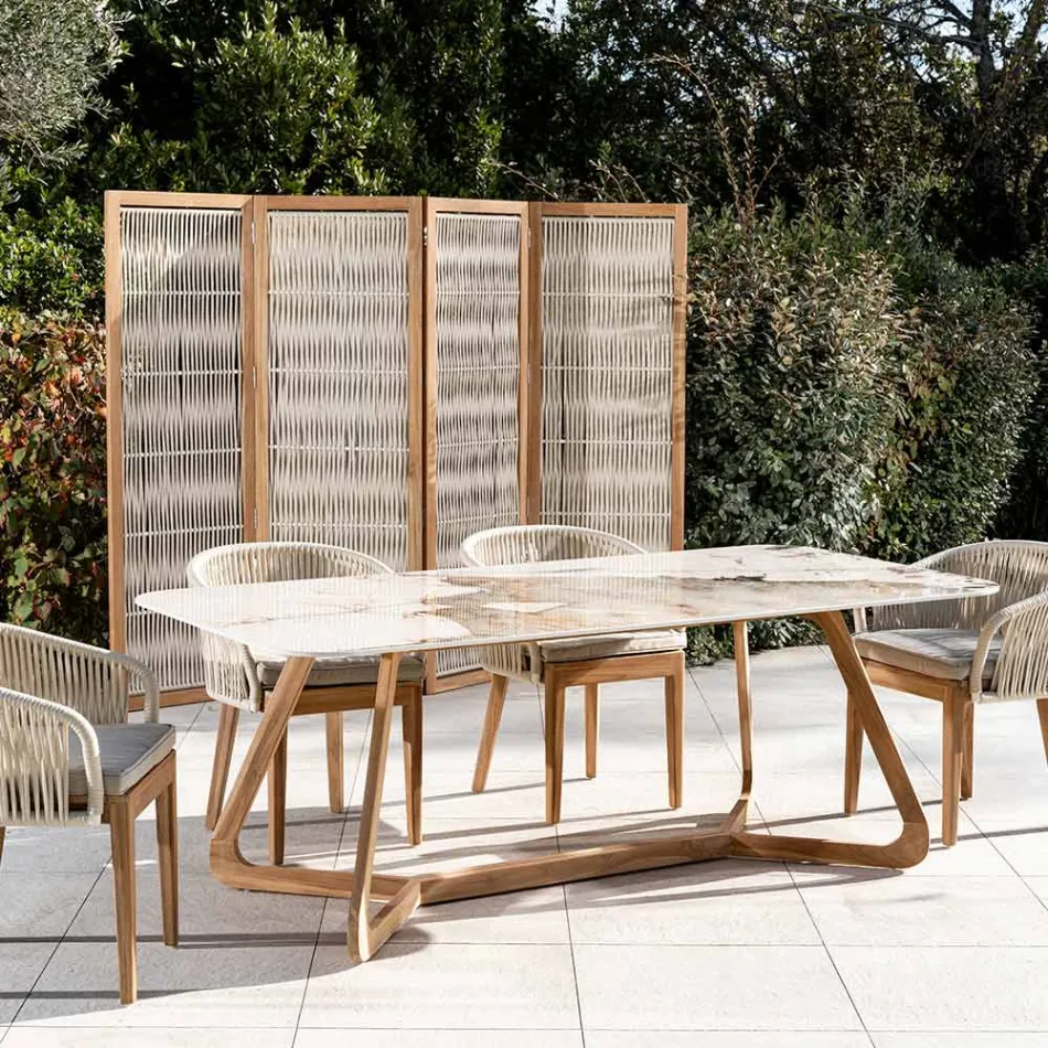 Tisch mit Keramikplatte und Untergestell aus massivem Teakholz, hergestellt in Italien – Bluse Viadurini