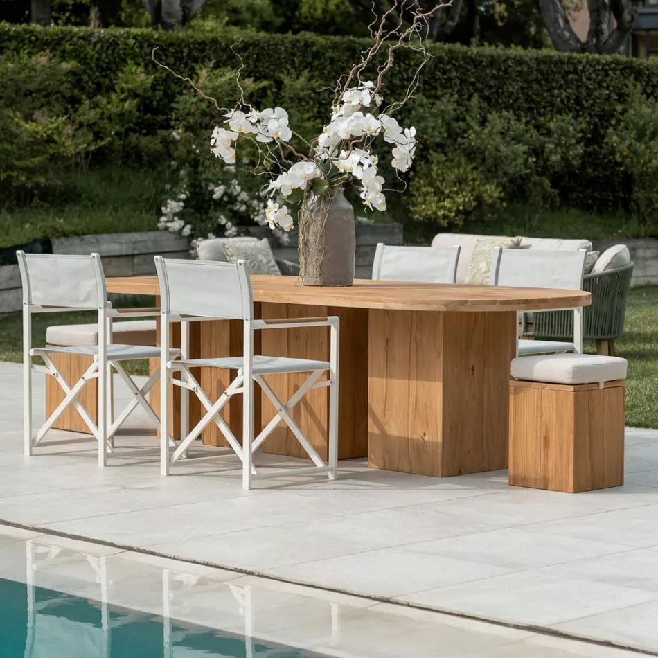 Tisch mit gebürsteter Teakholzplatte und abgerundeten Ecken – Destination Viadurini