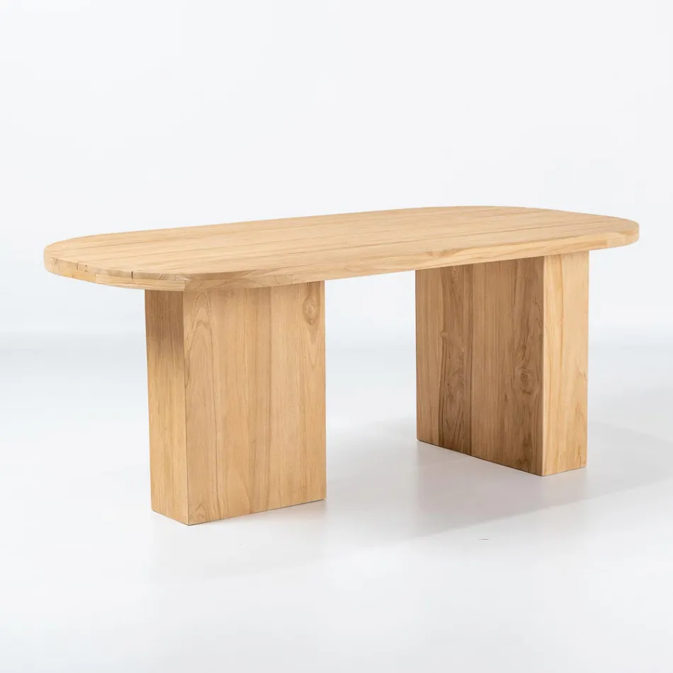 Tisch mit gebürsteter Teakholzplatte und abgerundeten Ecken – Destination Viadurini