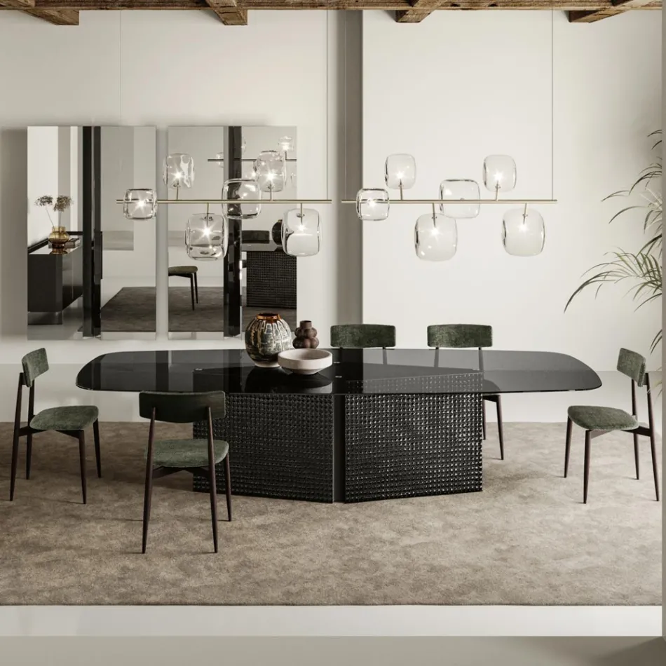 Tisch mit geformter Glasplatte und Untergestell aus geschmolzenem Glas und Metall - Foglietto Viadurini