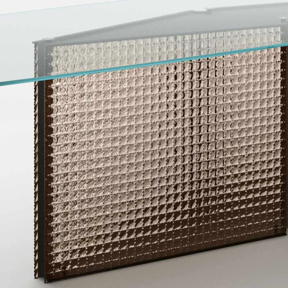 Tisch mit geformter Glasplatte und Untergestell aus geschmolzenem Glas und Metall - Foglietto Viadurini