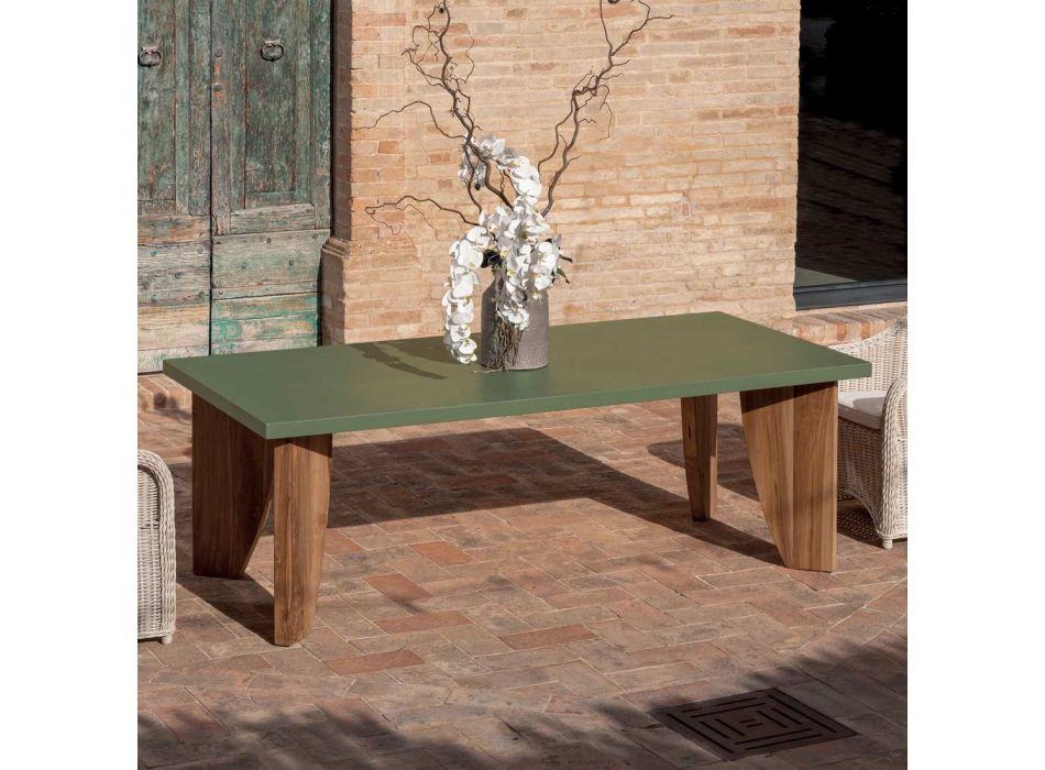 Outdoor-Tisch aus Okumè-Mikrozement und Teakholz-Finish, hergestellt in Italien – Bleistift Viadurini