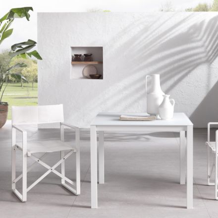 Gartentisch mit Struktur aus lackiertem Aluminium und Glasplatte - Salim Viadurini