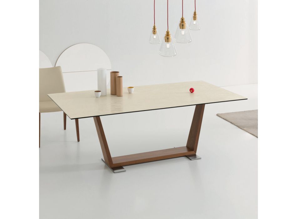 Ausziehbarer Esstisch auf 3 m mit Keramik- und Holzbeinen - Cesteo Viadurini