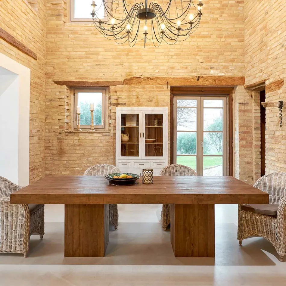 Esstisch mit Doppelfuß und 4 Rattanstühlen - Slide Viadurini